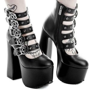 Killstar Black Ankle Boots with Silver Pentagram Buckles